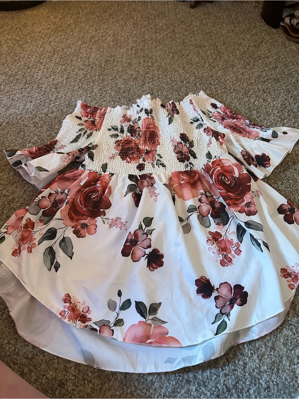 White Floral Off-Shoulder Peasant Top with Rose Print
